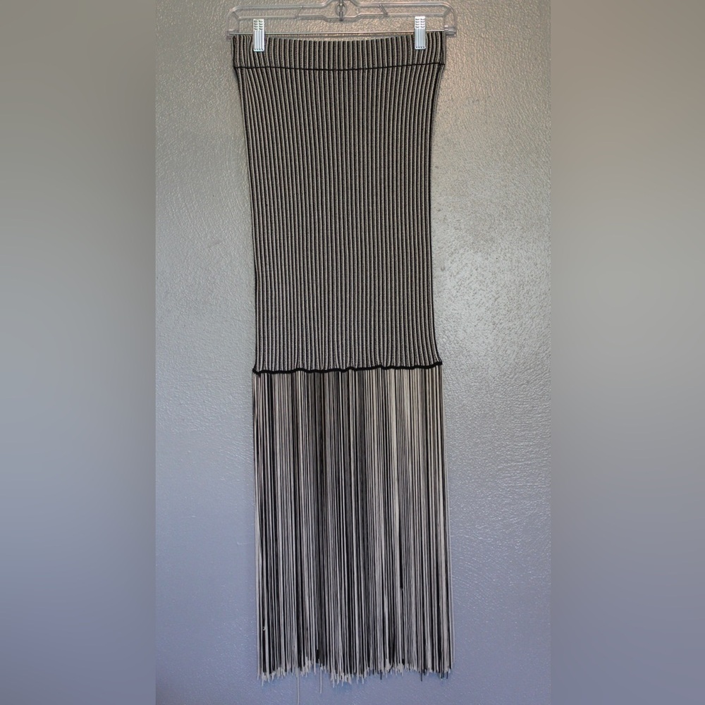 Zara Black & White Knit Fringed Midi Skirt Size Small